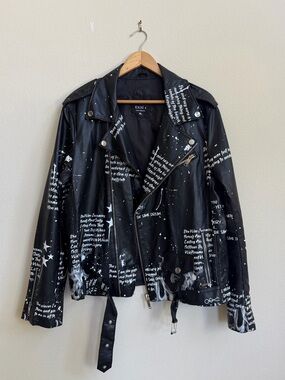 EKSI 1 Men’s Graffiti Faux Leather Moto Jacket Black White Unisex Grunge XL